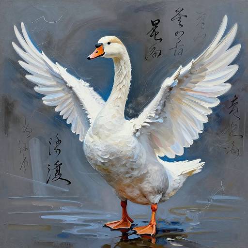 Digital painting of a white goose with orange feet and beak, wings spread wide, standing in water with Chinese calligraphy background.