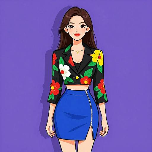 Digital drawing of a smiling woman with long brown hair, wearing a black floral crop top and blue high-waist skirt, against a purple background.