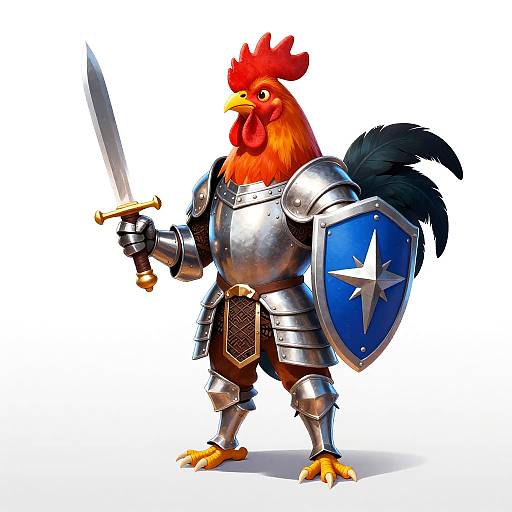 Digital illustration of a red rooster in shiny silver armor, holding a sword in one hand and a blue shield with a white star in the other.