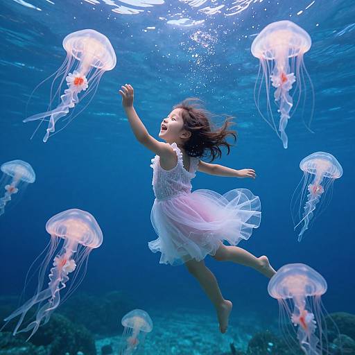 Photograph of a young girl with long brown hair, wearing a white, sleeveless, tulle dress, joyfully swimming underwater surrounded by glowing,