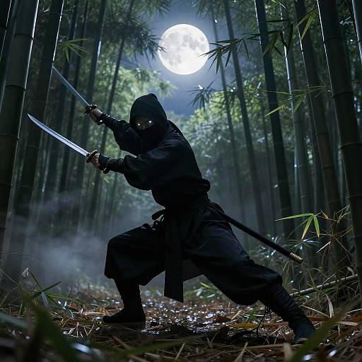 Stealth Ninjas Attacking Under Moonlight