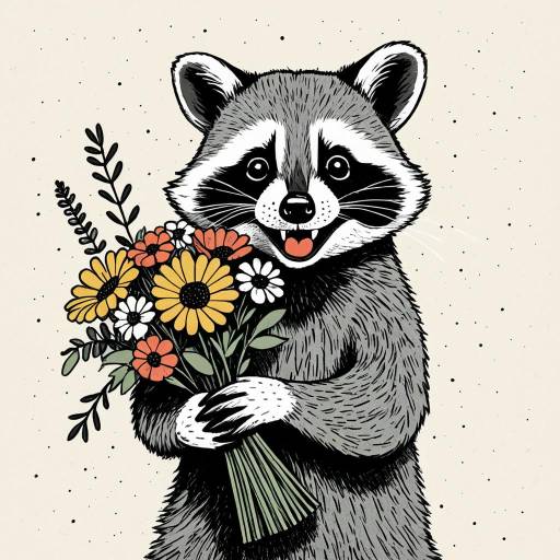 Giggling Raccoon Holding Bouquet