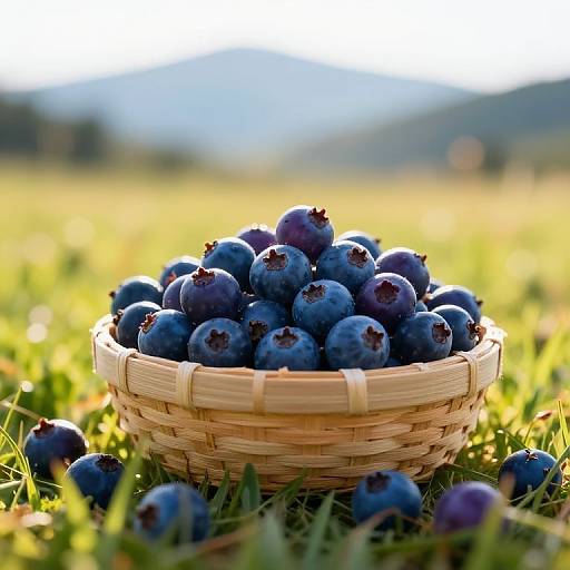 Photograph of a woven basket filled with ripe blue plums, set on a sunlit grassy field with blurred mountains in the background.