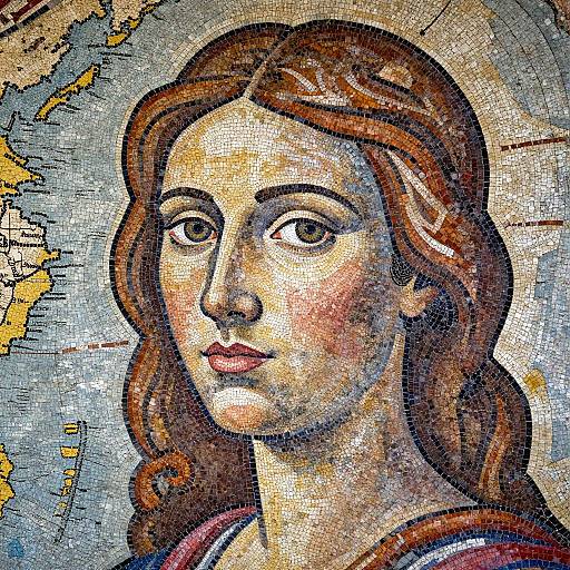 Mosaic portrait of a young woman with brown wavy hair, light skin, and soft brown eyes, set against a textured, aged background.