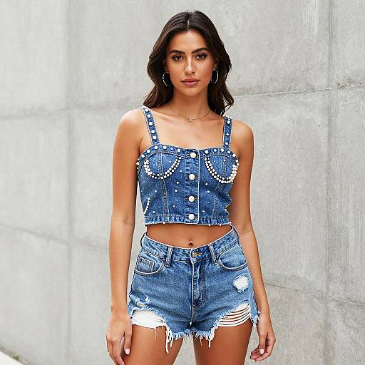 Young Woman in Pearl-Embellished Denim Outfit