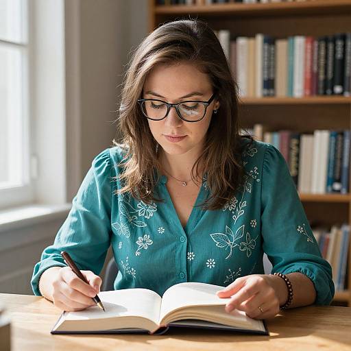 Photograph of a focused woman with glasses, brown hair, wearing a teal floral blouse, writing in an open book at a library table. Sunlight