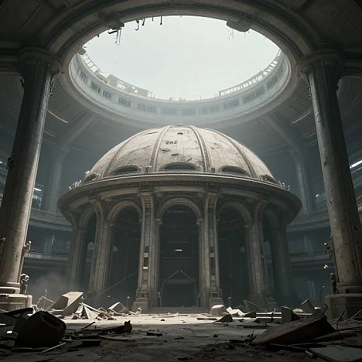 Photograph of a dilapidated, dome-shaped rotunda with a large circular skylight, surrounded by crumbling columns and debris, bathed in