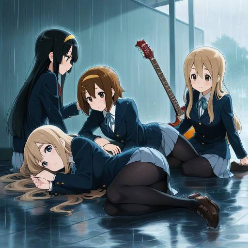 Schoolgirls Playing Guitar in the Rain