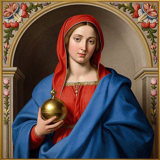 Digital painting of a serene, fair-skinned Madonna with red headscarf, blue cloak, holding a golden orb, framed by floral arch.
