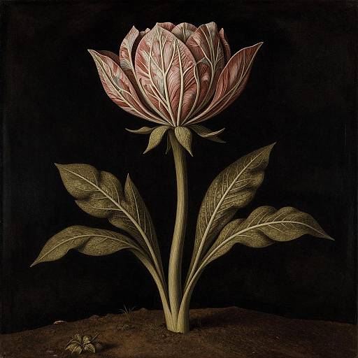 Photograph of a detailed, realistic artificial flower with pink and white striped petals, green leaves, and a thin stem against a black background.