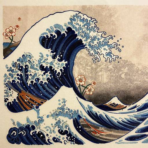 Ukiyo-e style digital artwork of a large, dynamic blue wave with white foam, floral accents, and small boats below.