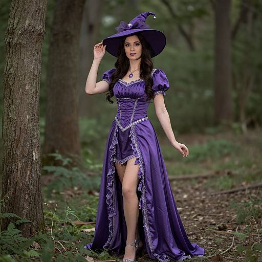 Photograph of a woman in a purple witch costume with a wide-brimmed hat, lace-trimmed dress, and thigh-high slit, standing