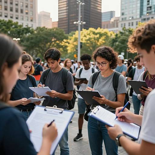 Photograph of diverse young students in a busy urban park, wearing casual clothes, focusing on writing in notebooks and using laptops. Tall buildings and green trees