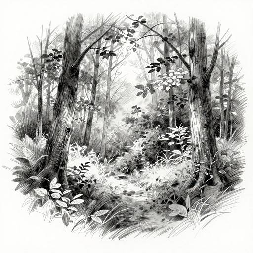 Black and white digital illustration of a dense, detailed forest scene with tall trees, lush grass, and various foliage, creating a textured, intricate woodland atmosphere