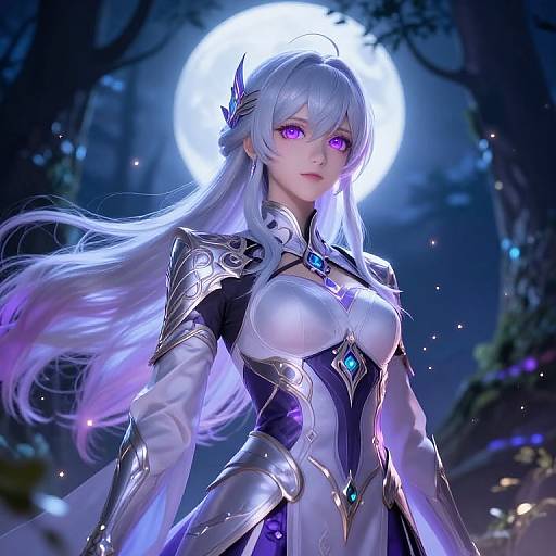 Digital art of a silver-haired, purple-eyed female warrior in a glowing white and black armored dress, illuminated by a full moon in a dark, enchanted