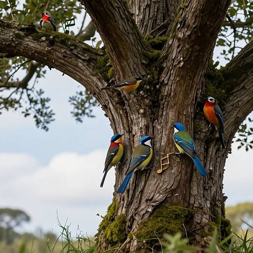 Photograph of colorful birds with red, blue, and green feathers perched on a moss-covered, textured tree trunk, set against a blue sky.