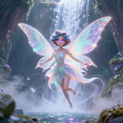 Digital fairy illustration: A blue-haired fairy with glowing, starry wings and a shimmering, silver dress, floats above a misty waterfall in a