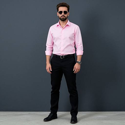 Photograph of a bearded man with dark hair, wearing sunglasses, pink shirt, black pants, and black shoes, standing against a dark gray background