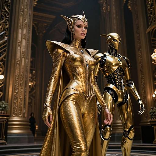 CGI image of a regal woman in a golden, armor-like bodysuit with a crown, standing beside a metallic gold robot in an op