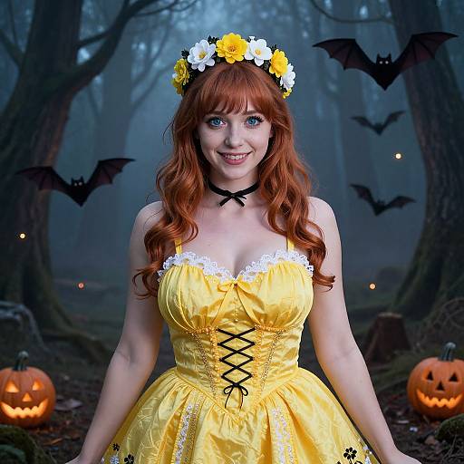 Photograph of a red-haired woman in a yellow, lace-trimmed Halloween dress, flower crown, black ribbon choker, forest background with bats