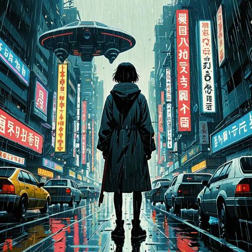 Solemn Guardian in Futuristic Rainy City
