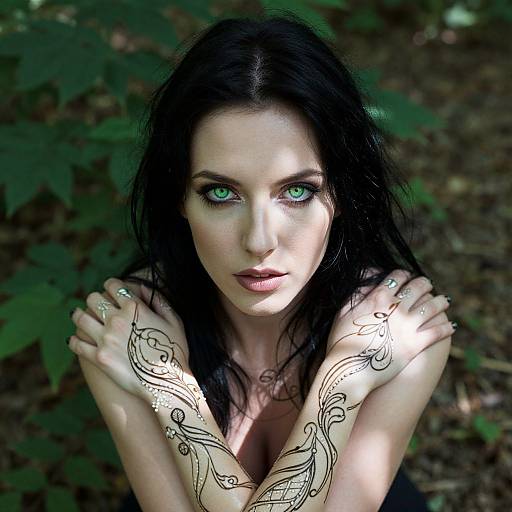 Photograph of a pale-skinned woman with black hair, striking green eyes, and intricate tattoos on her arms, sitting in a forest, hugging