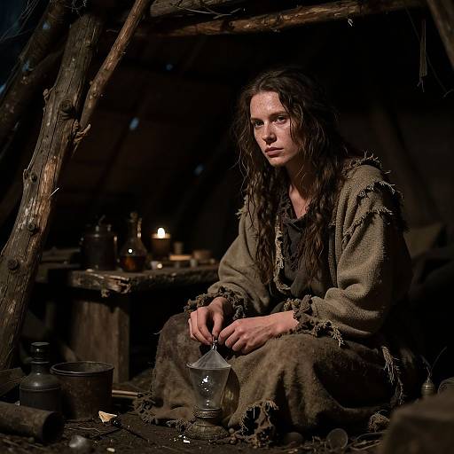 Photograph of a young woman with wet, long brown hair, wearing a tattered, olive-green robe, sitting in a dimly lit, wooden