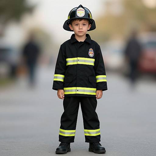 Photograph of a young boy standing on a blurred street, wearing a black firefighter uniform with yellow stripes and a black helmet. He looks serious, with