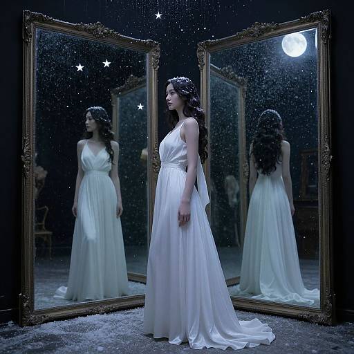 Photograph of a woman in a flowing white gown, standing in front of two ornate mirrors, reflecting a moonlit, starry night.