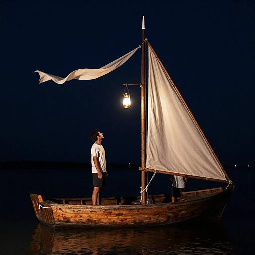 Nighttime Boat Scene with Lantern