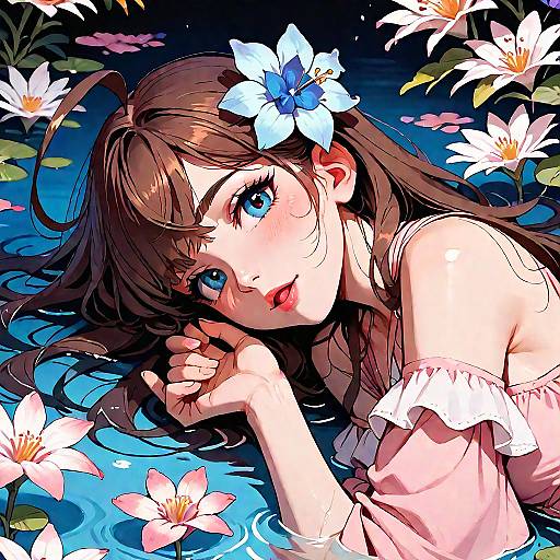 Digital anime-style drawing of a blue-eyed, brown-haired girl with a blue flower in her hair, lying in a water lily-filled pond, wearing