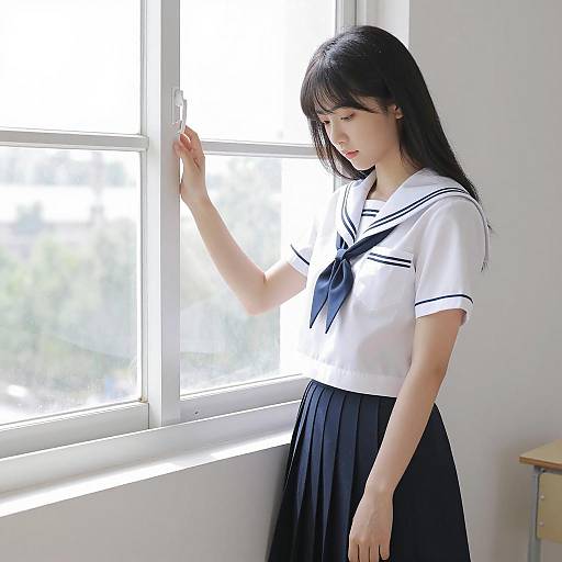 Asian schoolgirl in sailor uniform by window