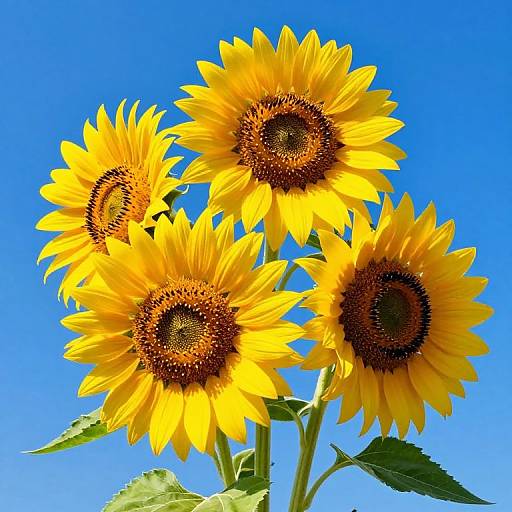Photograph of four vibrant yellow sunflowers with dark brown centers, green leaves, and a clear blue sky background.