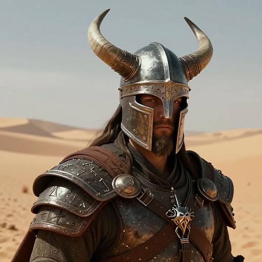Photograph of a muscular man with long black hair, wearing a shiny, horned Viking helmet and dark, intricately armored chest plate, standing in