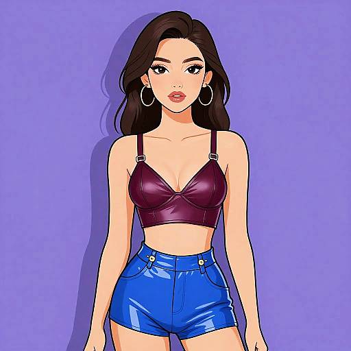 Chic Woman in Burgundy and Blue Leather