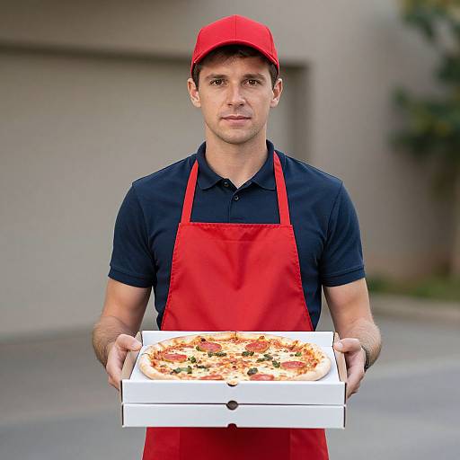 Photograph of a young male pizza delivery driver in a red cap, black shirt, and red apron, holding a pizza in a white box.