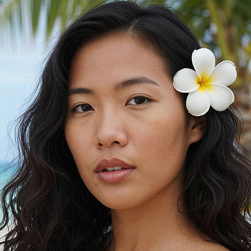 Photograph of an Asian woman with long black wavy hair, wearing a white plumeria flower in her hair, against a tropical beach background.