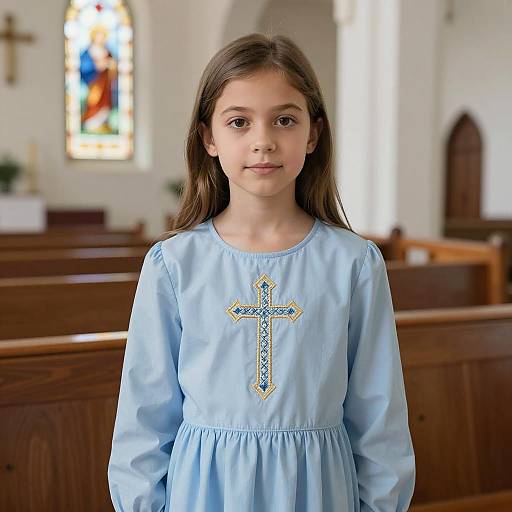 Young Girl in Church Wearing Blue Dress with Cross