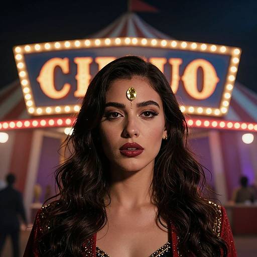 Photograph of a dark-haired woman with long waves, wearing a red outfit and green forehead gem, in front of a brightly lit 