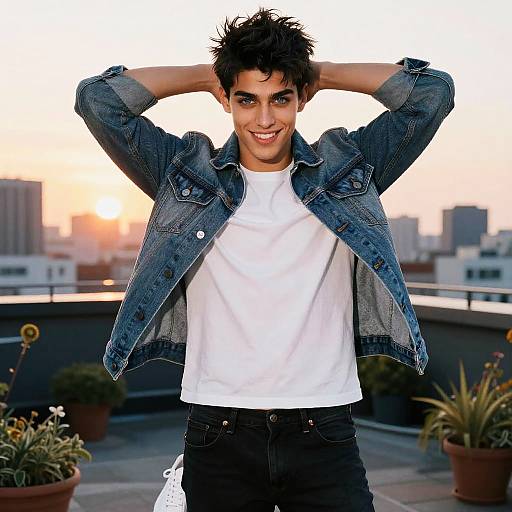 Photograph of a smiling young man with dark, spiky hair, wearing a denim jacket, white t-shirt, and black jeans, standing on a