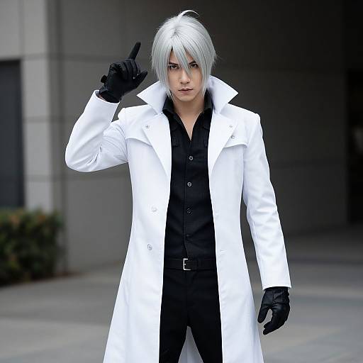 Photograph of a white-haired man in a black shirt and white coat, black gloves, pointing with his right index finger, standing in front of a