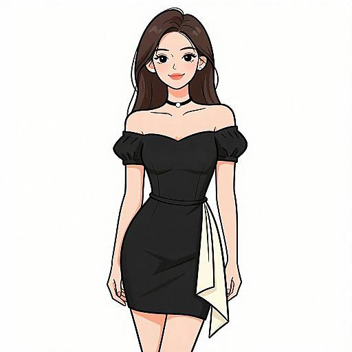 Digital anime-style illustration of a smiling young woman with long brown hair, wearing an off-shoulder black dress, white choker, and holding a