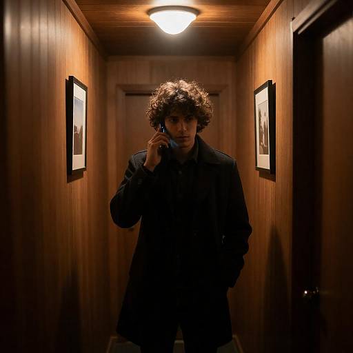 Mysterious Man in Dimly Lit Hallway
