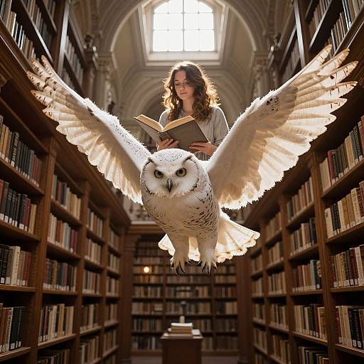 Photograph of a curly-haired woman with fair skin flying on a white owl through a sunlit, wooden bookshelf-filled library.