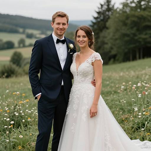 Photograph of a smiling couple on their wedding day; groom in black tuxedo, bride in white lace dress, standing in a grassy me