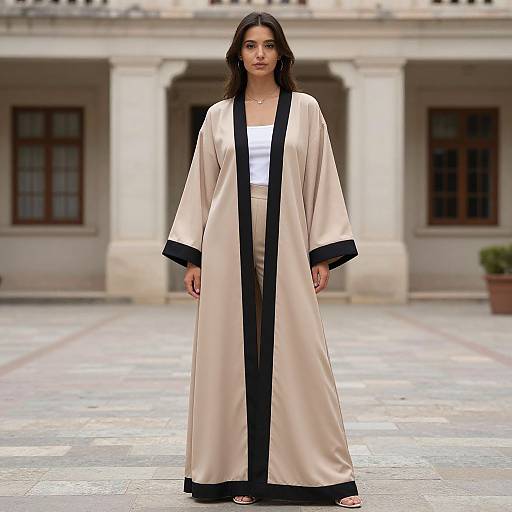 Photograph of a young woman with long dark hair, wearing a beige satin robe with black trim, standing in front of a classical stone building with large