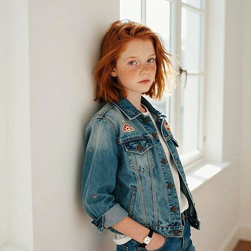 Photograph of a freckled red-haired woman in a blue denim jacket, standing against a white wall near bright window light.