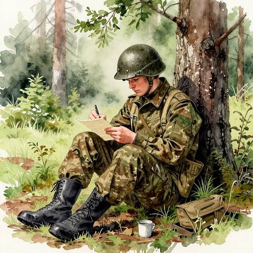 Digital painting of a soldier in camouflage uniform, helmet, and boots, sitting against a tree in a forest, writing in a notebook. Sunlight filters