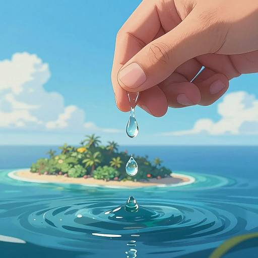 Hand dropping water droplet onto clear blue ocean, creating ripple effect, with tropical island and palm trees in background. Digital art.
