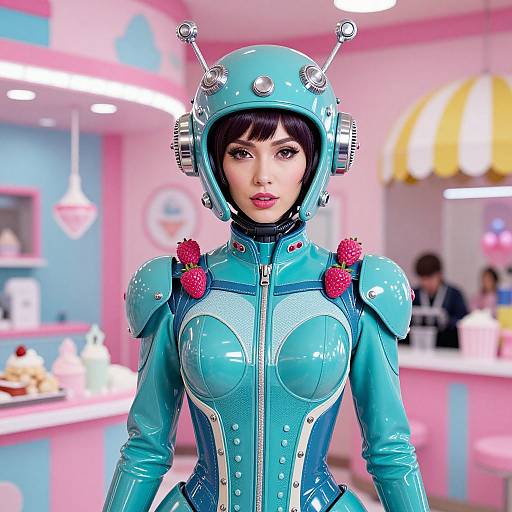 Digital artwork of an Asian woman in a shiny, turquoise, futuristic latex suit with antenna helmet, strawberry accents, in a pastel pink and blue retro